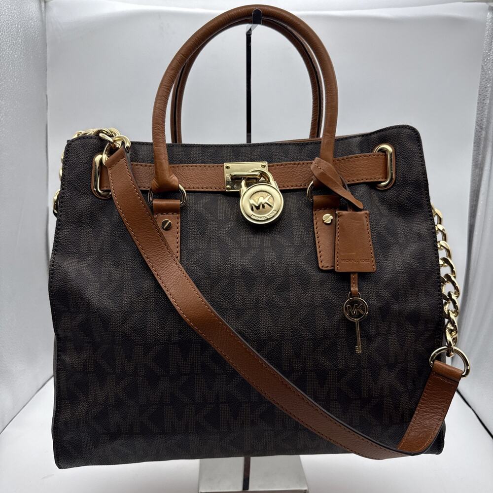 Michael Kors Large Brown Hamilton Monogram Gold Lock/Accents Bag